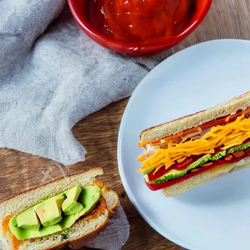 Image similar to sandwich with fried tofu, one red tomato slice, mayo, onion, avocado, melted cheddar, in a red dish, background with saturn and stars in the sky