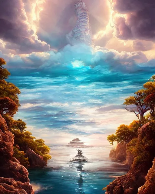 Image similar to a beautiful illustration of an orisha god, intricate and detailed, beautiful sea in the background, epic sky, vray render, artstation, deviantart, pinterest, 5 0 0 px models