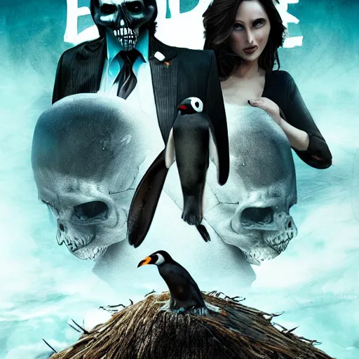 Image similar to end of days skeleton overlords enslaves penguin-human hybrids, epic movie poster, 4k, detailed