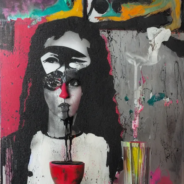 Image similar to “ a portrait in a female art student ’ s apartment, hakone checkpoint, sensual, art supplies, a candle dripping white wax, berry juice drips, acrylic and spray paint and oilstick on canvas, surrealism, neoexpressionism ”