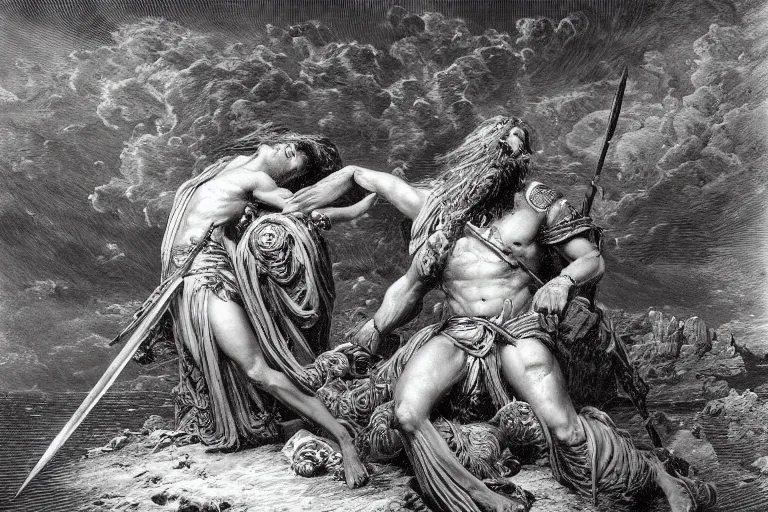 Prompt: highly detailed and cinematic romantic, edge of the universe, the great greek warrior with a spear, symmetrical face, magical, greek myth, masterpiece, from the book of the long sun by gene wolfe, highly detailed painting by gustave dore