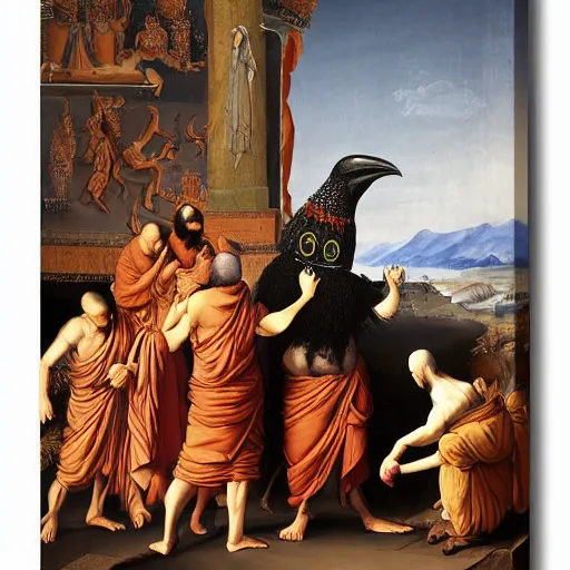 Image similar to hindu monks worshipping giant crow on greek senete baroque painting, lionardo davinchi