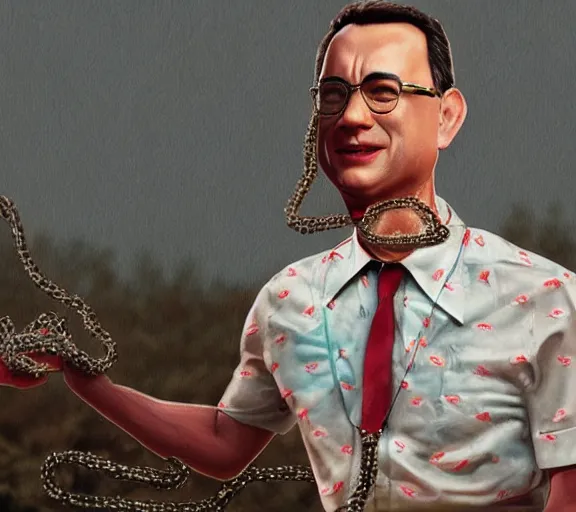 Image similar to Tom hanks as forrest gump wearing a necklace made out of shrimps around the neck, realistic face, digital art, in the style of Daniel Conway, amazing detail, artstation, long shot