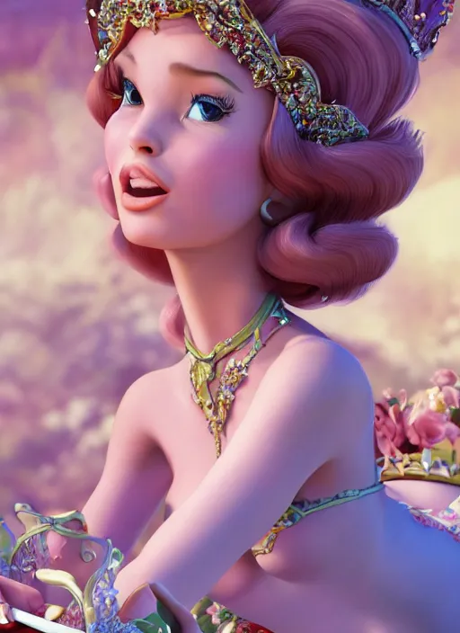 Image similar to closeup face profile portrait of a fairytale princess wearing a crown eating cakes, bikini, depth of field, zeiss lens, fashion photoshoot, by dan decarlo, bob clampett, bill ward, earl norem, max fleischer, breathtaking, 8 k resolution, extremely detailed, beautiful, establishing shot, artistic, hyperrealistic, octane render