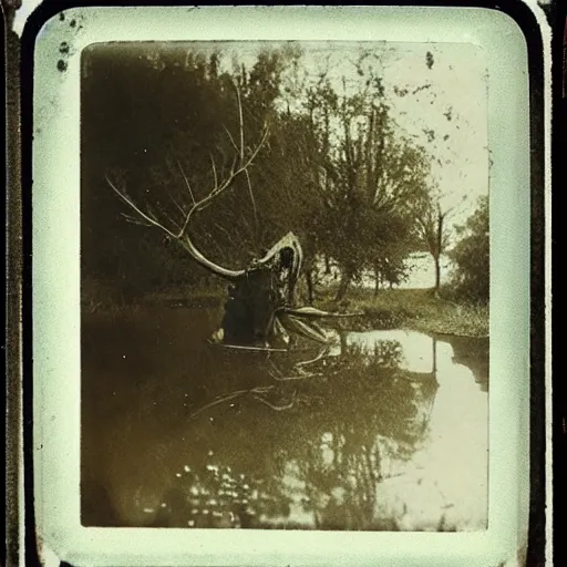 Image similar to creepy lovecraftian monster in swamp, 1910 Polaroid photo