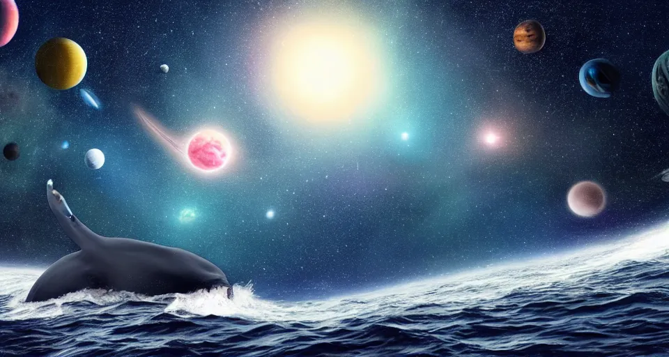 Image similar to high quality photo of big whale floating in dark beautiful space filled with stars, planets and galaxies, photorealism, 8k, extremely detailed