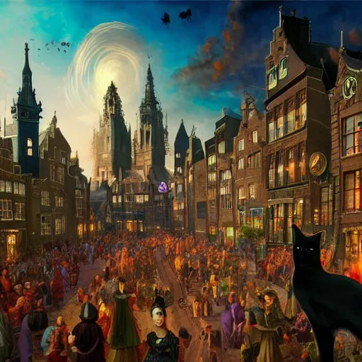 Image similar to A bustling magical town, witches and black cats are dancing around a colorful music festival, the large academy of magic and science can be seen towering in the distance, inspired by Victorian England and Amsterdam, highly detailed, digital painting, artstation, concept art, matte painting