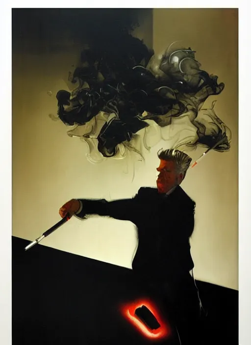 Image similar to david lynch, smoking, smoke billowing, painting by phil hale, 'action lines'!!!, graphic style, visible brushstrokes, motion blur, blurry