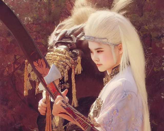 Image similar to a young japanese princess lady with white hair and bangs!!!!, posing with a sword killing an ox, white hair highly detailed painting by gaston bussiere, craig mullins, j. c. leyendecker 8 k