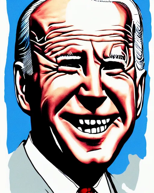 Prompt: an political caricature of joe biden, by gerald scarf and ralph steadman, illustration, ink drips, front angle, ink splatters, pen and ink, flat color, distorted features, spittle, drawing, facing front, anatomically correct, beautiful perfect face, sharp focus, highly detailed, cinematic lighting, 8 k, hd
