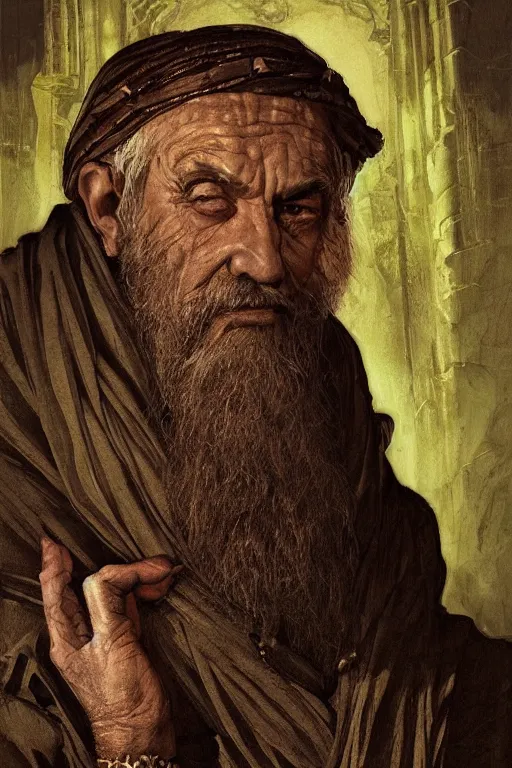 Image similar to portrait, headshot, digital painting, of a 15th century, beautiful, old aged, middle eastern, wrinkles, wicked, desert merchant man, dark hair, amber jewels, baroque, ornate dark green clothing, scifi, futuristic, realistic, hyperdetailed, concept art, chiaroscuro, side lighting, art by waterhouse