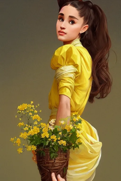 Image similar to beautiful cottagecore Ariana Grande holding a yellow colored vase. intricate, elegant. the background is yellow with voumetric lighting !. highly detailed, digital painting, artstation, concept art, smooth, sharp, focus, illustration. . art by artgerm and greg rutkowski and alphonse mucha