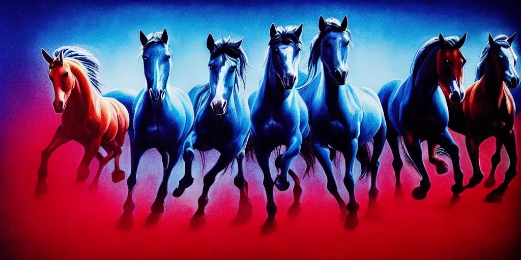 Image similar to blue inside out horses galloping with cowboys riding, too many hands in all directions, too many teeth, too many eyes, in hoc signo vinces, waterfall, in the style of gottfried helnwein, high contrast chiaroscuro, intricate composition, blue light, insanely quality, highly detailed, masterpiece, red light, artstation