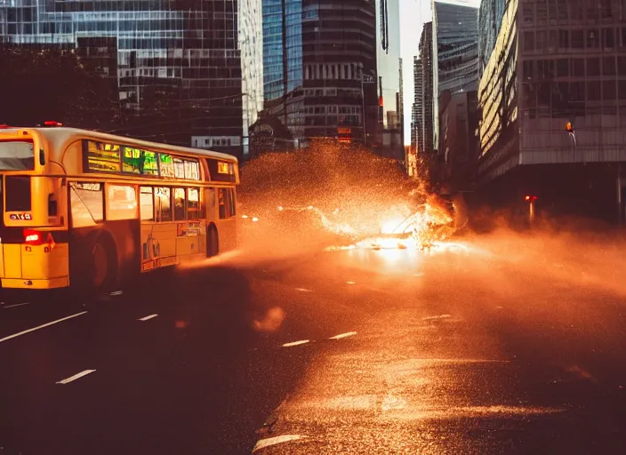 Prompt: a 3 5 mm photo of a city bus on fire, splash art, movie still, bokeh, canon 5 0 mm, cinematic lighting, dramatic, film, photography, golden hour, depth of field, award - winning, anamorphic lens flare, 8 k, hyper detailed, 3 5 mm film grain