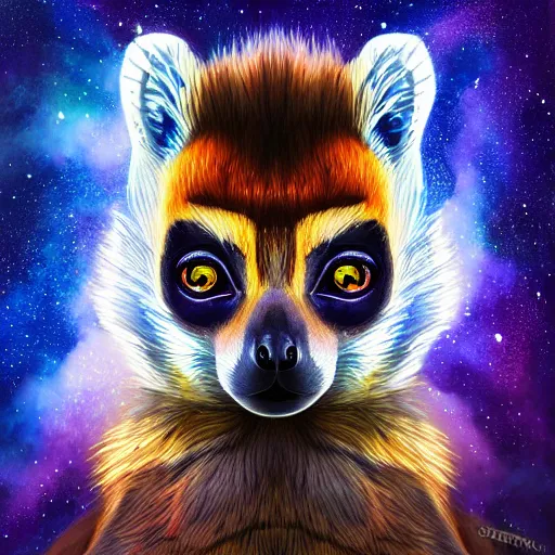 Image similar to geometric symmetrical lemur with galaxy eyes in space, nebula in the background, intricate, elegant, highly detailed, digital painting, artstation, concept art, smooth, sharp focus, illustration, art by artgerm