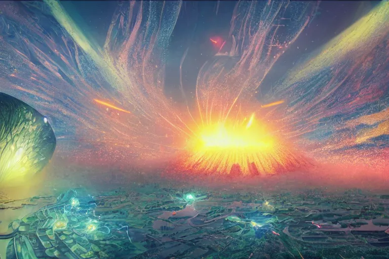 Prompt: futuristic japanese megapolis on waiʻanapanapa state park black beach of maui during interstellar crystalized fractal kaleidoscope glass sky, blazing fire tornadoes, lush sakura, advanced civilization, high tech spaceships, by peter mohrbacher, james jean, james gilleard, greg rutkowski, rule of thirds, octane render, beautiful