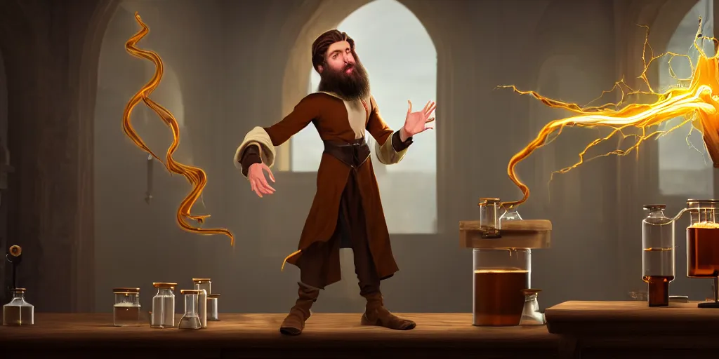 Prompt: a handsome bearded caucasian male sorcerer with brown hair he is casting a spell with flowing energy, he is in a alchemist lab filled with beakers and equipment, neutral pose, epic composition, 4 k, light rays, by dave melvin 1. 0 | dan luvisi 1. 0 | jason chan 2. 5