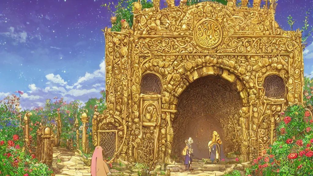 Image similar to A giant medieval fantasy gate with an gold carved lion face at the center, vines, thorns, roses, flowers, vivid vegetation, pastel color tones, clear clean, Ilya kushinov, by Makoto Shinkai, Studio Ghibli, Miyazaki, Kyoto Animation, digital 2D, painterly style, gouache illustration, high contrast, cute, kawaii, golden ratio, rule of thirds