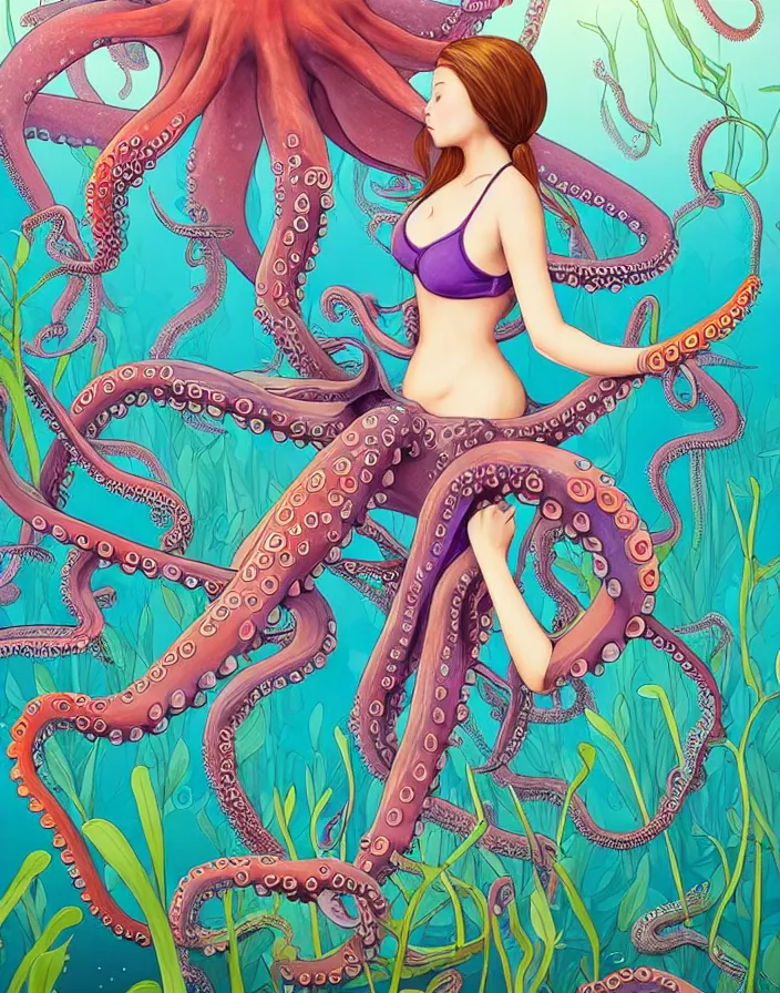 Image similar to richly detailed color  illustration of a female student, 'lost in an octopus's garden', large format image. illustrated by Artgerm. 3D shadowing.