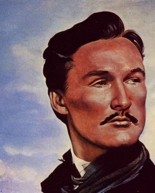 Image similar to Errol Flynn as a scientist. 1980s dystopian Soviet Russia, propaganda screens. Unreal engine, fantasy art by Greg Rutkowski, Gustave Courbet, Rosa Bonheur, Edward Hopper, Ilya Yefimovich Repin, Jean-François Millet, Andrew Newell Wyeth. Faithfully depicted facial expression, perfect anatomy global illumination, radiant light, detailed and intricate environment