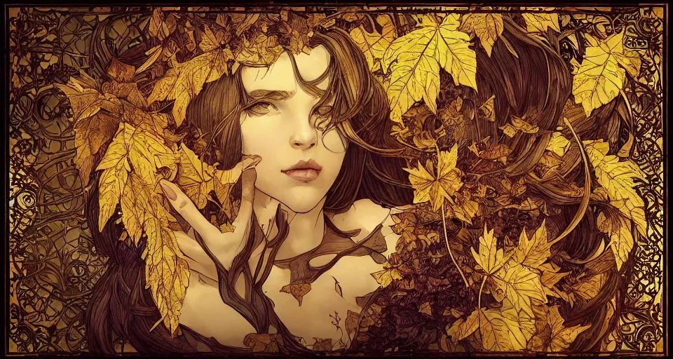 Image similar to golden leaves at frame border, creative!!! composition for a book cover!!!, absurdly beautiful, ultrafine hyperrealistic detailed old!! witch face by wlop and artgerm and alphonse mucha, intricate linework, sharp focus, smooth, octopath traveler, final fantasy, unreal engine, dramatic lighting, ethereal, 8 k