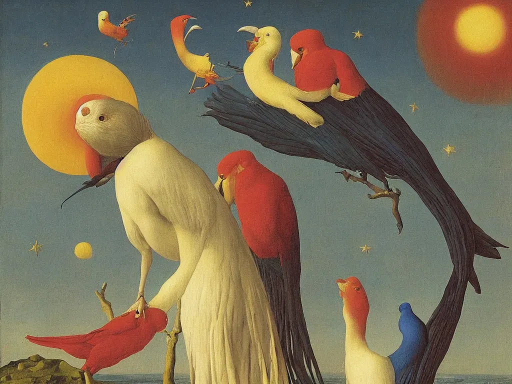 Image similar to albino mystic, with his back turned, looking in the distance at the night sky with stars over the ocean with beautiful exotic bird. Painting by Jan van Eyck, Audubon, Rene Magritte, Agnes Pelton, Max Ernst, Walton Ford