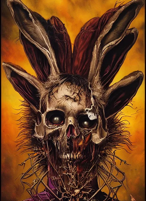 Image similar to the march hare, death tarot card, highly detailed, half skull face, cinematic, 8 k, by megan duncanson, benjamin lacombe, adrian borda, stanley artgermm, tom bagshaw, craig mullins, carne griffiths, ayami kojima, beksinski, giger, trending on deviantart, hyper detailed, horror, full of colour