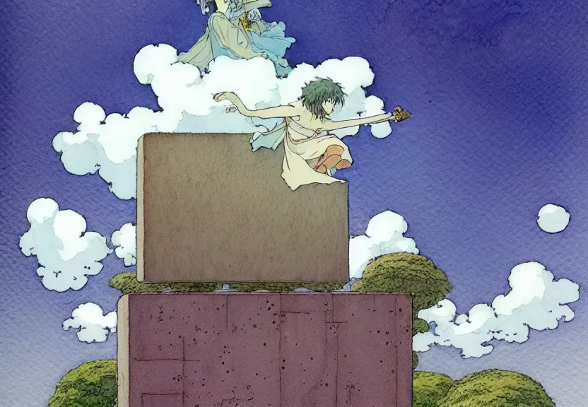 Image similar to a simple watercolor fantasy concept art of a giant grey cube floating in the air. by studio ghibli, rebecca guay, michael kaluta, charles vess