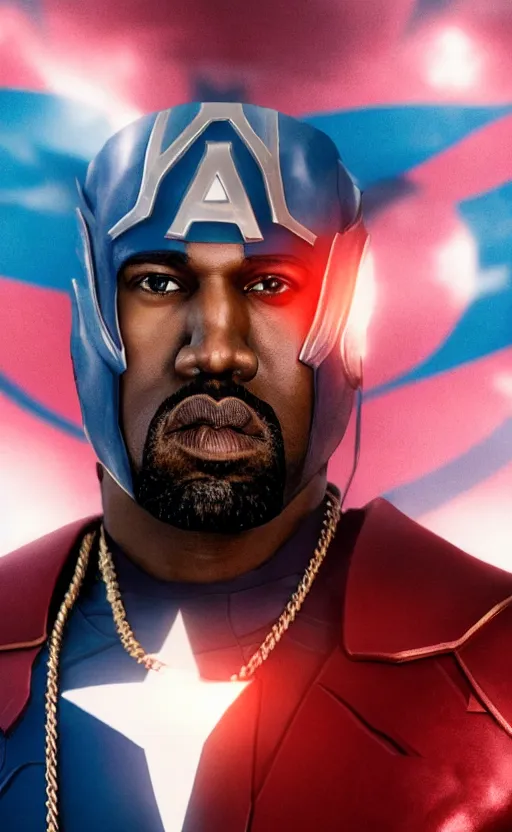 Image similar to Portrait of Kanye West as Captain America in Skyrim, splash art, movie still, cinematic lighting, dramatic, octane render, long lens, shallow depth of field, bokeh, anamorphic lens flare, 8k, hyper detailed, 35mm film grain