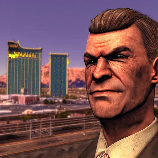 Prompt: Mr Robert House from Fallout New Vegas, taking a selfie on the Las Vegas Strip, real, 8k,