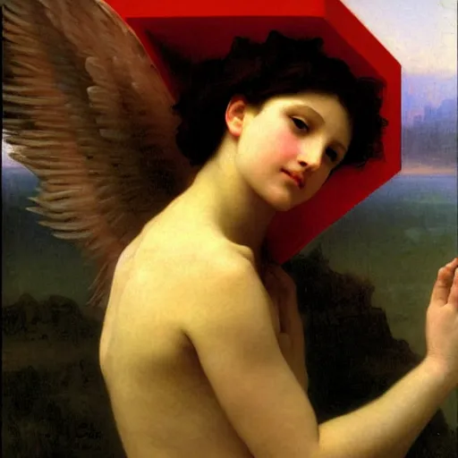 Image similar to Angel crying on top of a red ocean cube, oil painting by William-Adolphe Bouguereau