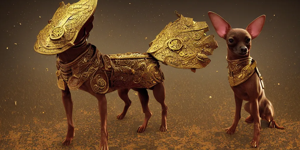 Image similar to humanoid Chihuahua pinscher mix in golden ornamented armor, ears, white particles, dark souls style, Fantasy Style, cinematic light, 35mm camera lens, with ZBrush, by Zdzislaw Beksinski