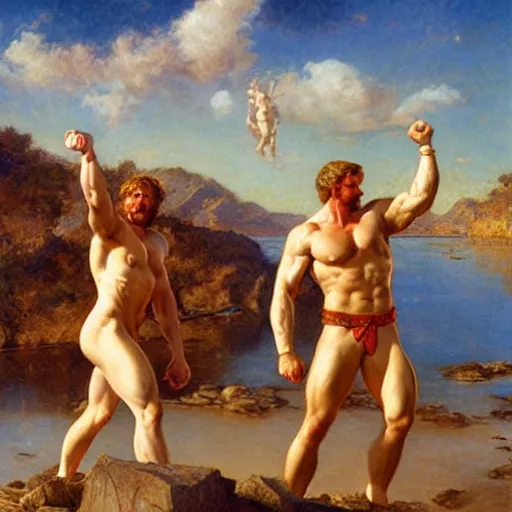 Image similar to hercules and achilles frolic in an estuary, a marble temple stands in the background, painting by gaston bussiere, craig mullins, j. c. leyendecker, tom of finland