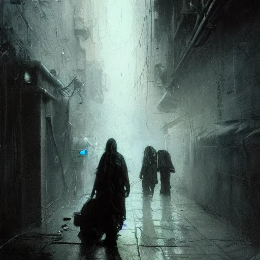 Image similar to dark alley full of homeless children being questioned by a futuristic cop, somber, by beksinski and jeremy mann and alphonse mucha and stan lee, fantasy art, photo realistic, dynamic lighting, artstation, poster, volumetric lighting, very detailed faces, award winning