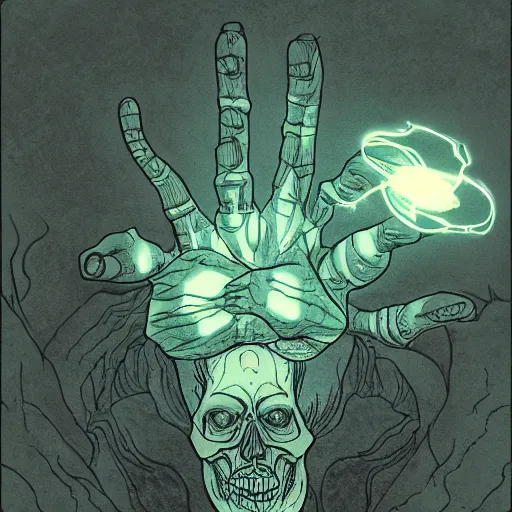 Image similar to pointing glowing hand casting holy skull spell , in the style of Greg Broadmore and junji ito and Arthur Rackham and Moebius, trending on artstation, light lighting side view,digital art,surrealism ,macro,blueprint ,vaporwave ,