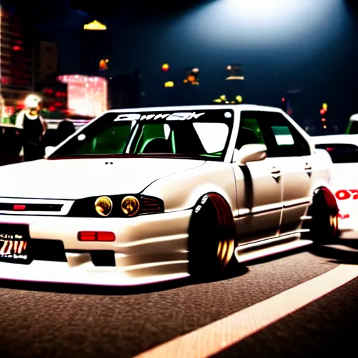 Prompt: a car JZX100 twin turbo drift at illegal car meet, Shibuya prefecture, city midnight mist lights, cinematic lighting, photorealistic, highly detailed wheels, high detail