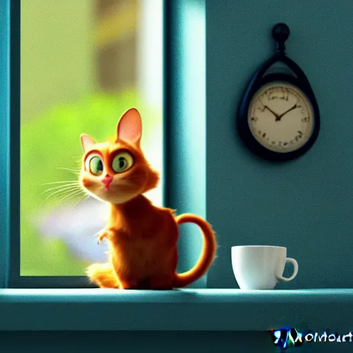 Image similar to a cute cat with big eyes looking at a cup of coffee in beautiful morning at a house window. Pixar Disney 4K 3d render funny animation movie Oscar winning trending on ArtStation and Behance. Ratatouille style.