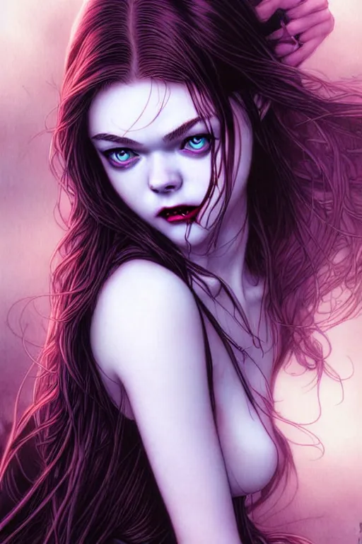 Prompt: lustful teenage vampire who looks like elle fanning, fantasy graphic novel style, by artgerm and luis royo and jenny frison, intricate, vivid colors, very fine inking lines, extremely detailed, 4k, hd