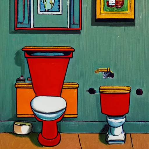 Image similar to photograph of a toilet. the toilet is covered in a painting by richard scarry