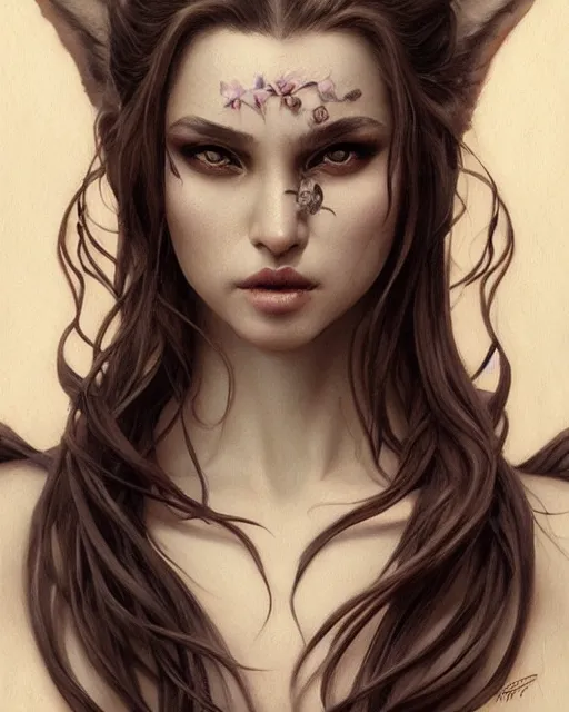 Image similar to Hyperrealistic female demon portrait, art nouveau , fantasys 'i ntr'icate flower des'igns , elegant, highly detailed, sharp focus, art by Artgerm and Greg Rutkowski and WLOP