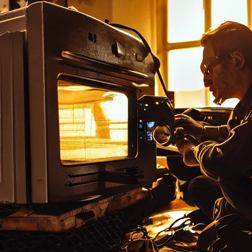 Prompt: technician repairing head of toaster oven mecha, dark messy smoke - filled cluttered workshop, dark, dramatic lighting, orange tint, cinematic, highly detailed, sci - fi, futuristic, movie still