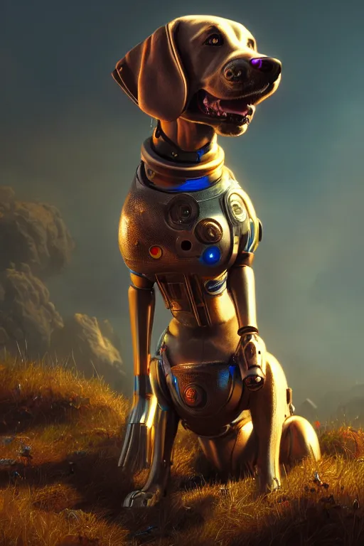 Prompt: cyborg dog, ultra hd, Painting By John Howe, unreal 5, DAZ, hyperrealistic, octane render, dynamic lighting, intricate detail, summer vibrancy, cinematic