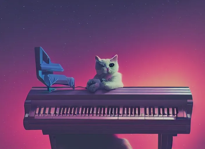 Prompt: cat [ playing a piano ], [ synthwave art style ]!!, trending on cgsociety, neon art style, [ bioluminescent colors ]!!, [ 4 k photorealism ]!!