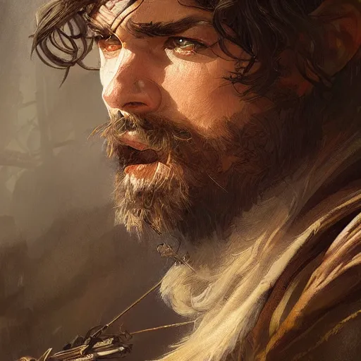 Image similar to portrait of a rugged male ranger, D&D, fantasy, intricate, elegant, highly detailed, digital painting, artstation, concept art, smooth, sharp focus, illustration, art by artgerm and greg rutkowski and alphonse mucha