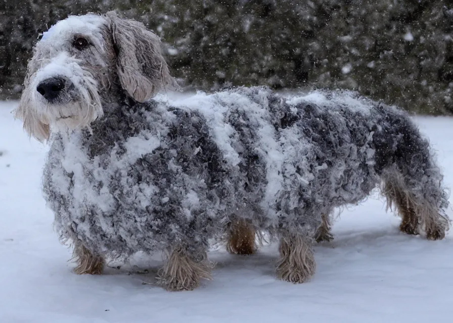 Image similar to Giant woolly dachshund, in the middle of a snow storm
