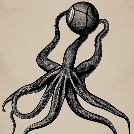 Prompt: octopus with past as its tentacles, and a basketball as its body