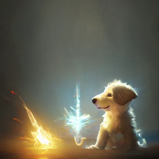 Prompt: puppy magician casting bright magic light spell, D&D, fantasy, cinematic lighting, highly detailed, digital painting, artstation, concept art, smooth, sharp focus, illustration, volumetric lighting, 8k, art by Akihiko Yoshida and Greg Rutkowski