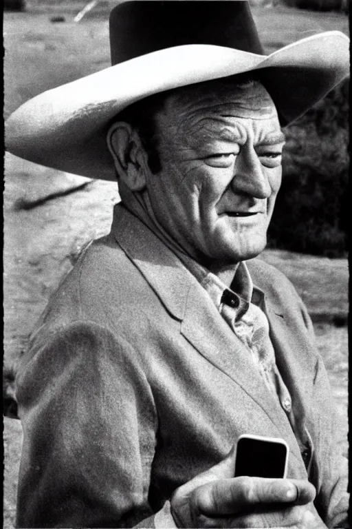 Prompt: john wayne using an iphone, photo