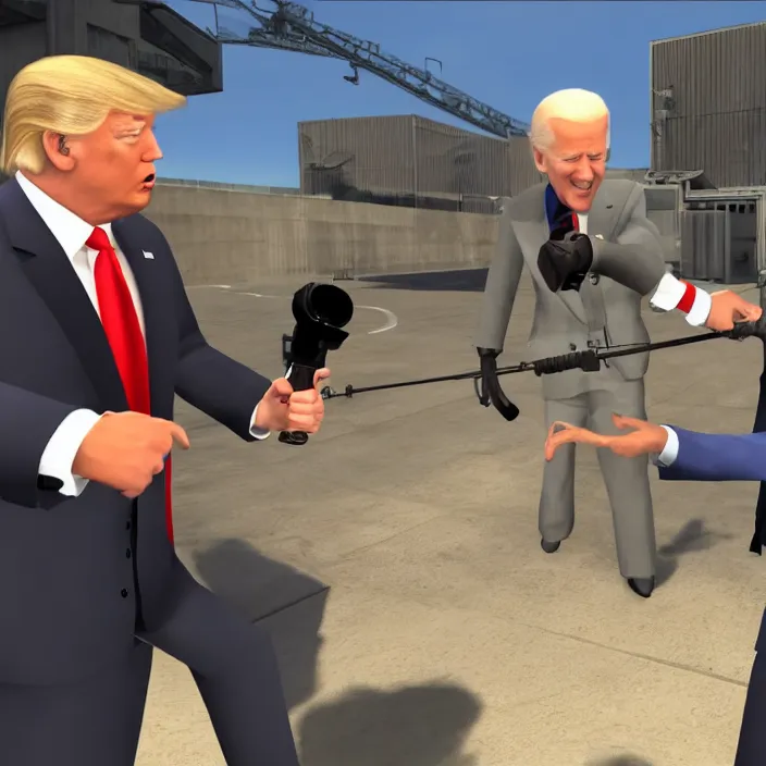 Image similar to Joe Biden and Donald Trump in Garrys Mod Holding a Physics Gun, Gameplay Screenshot, Direct Warm Lighting, High Graphics, Detailed