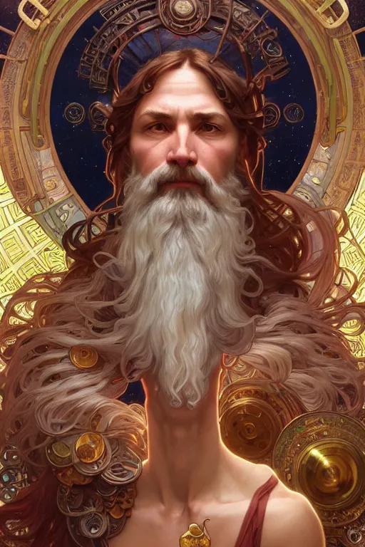 Image similar to highly detailed portrait of god zeus, alphonse mucha, stephen bliss, unreal engine, fantasy art by greg rutkowski, rhads, ferdinand knab, makoto shinkai and lois van baarle, ilya kuvshinov, rossdraws, tom bagshaw, global illumination, radiant light, detailed and intricate environment, steampunk